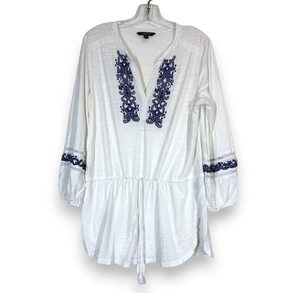 Ralph Lauren Tunic Top Blouse Medium White Blue Embroidered Summer Vacation - Picture 9 of 9